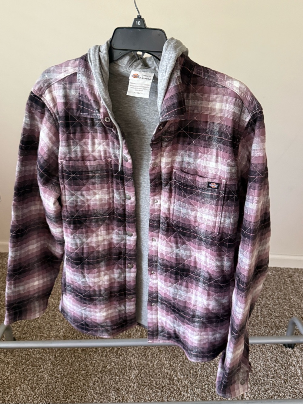 Dickies Heather Gray Hooded Plaid Shacket with Mauve Plaid